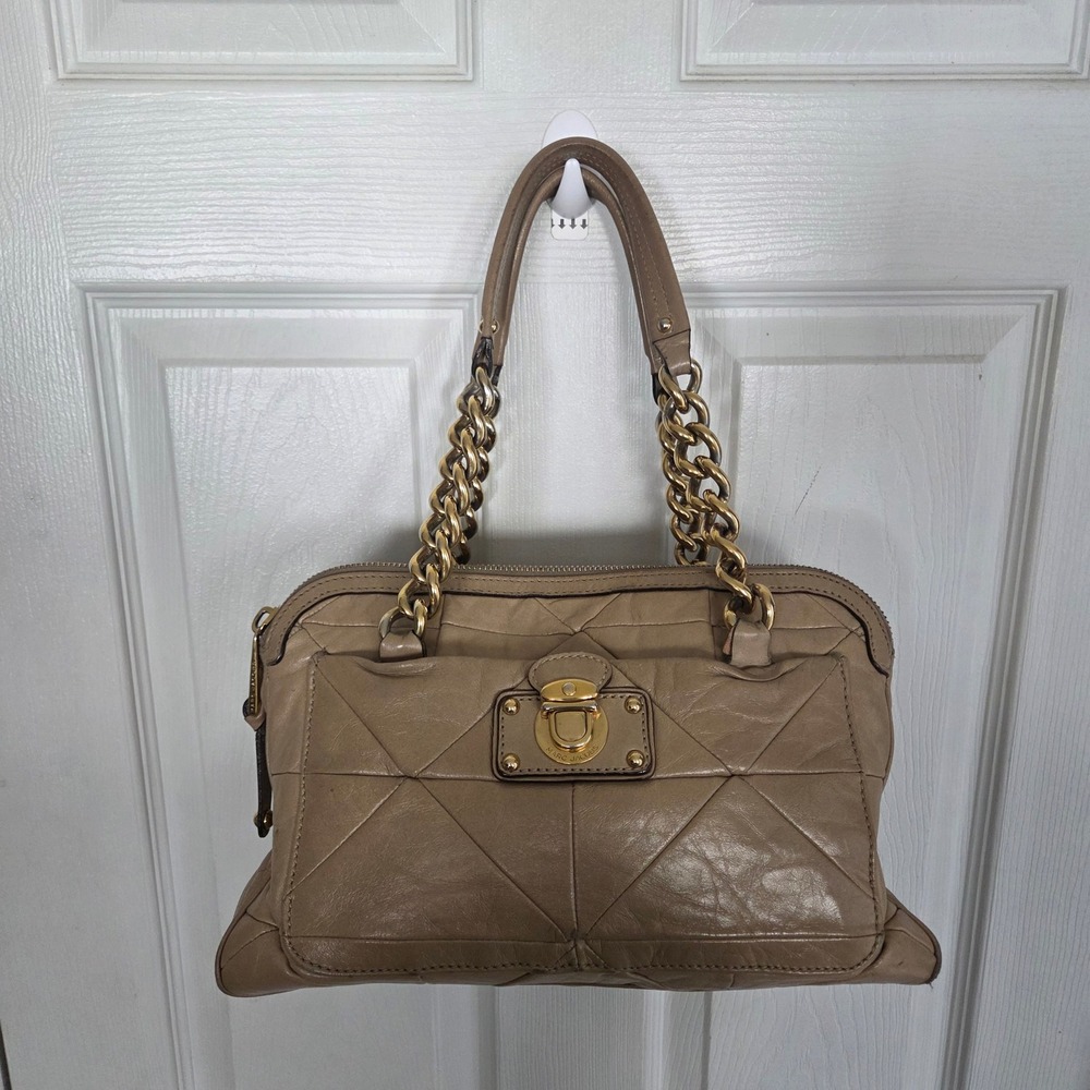 Marc Jacobs Quilted Leather Satchel Bag Tan‎ Beige Gold Chain Italian Designer